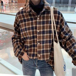 Plaid Shirt / Long-sleeve Mock Neck Plain Top