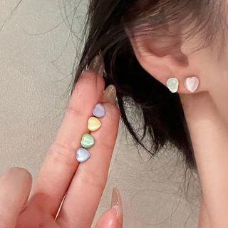 Heart Stud Earring Set Set Of 6 - Silver Stud - White & Green & Blue - One Size