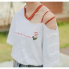 Elbow-sleeve Floral Embroidery Cutout T-shirt