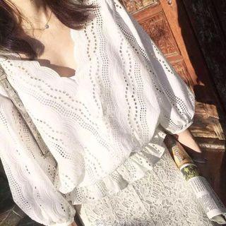 Balloon-sleeve V-neck Eyelet Top
