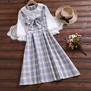Mock Two-piece Plaid Bow Midi A-line Dress