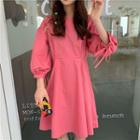 Round Collar Shift Dress With Drawstring Sleeve
