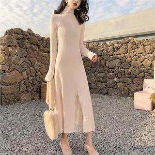 Long-sleeve Turtleneck Lace Panel Midi A-line Dress