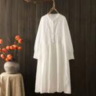 Long-sleeve Lace Trim Embroidered Midi Dress White - One Size