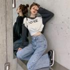 Long-sleeve Two-tone Lettering Cropped Sweater / High-waist Frayed Jeans