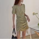 Gingham Short-sleeve Drawstring Ruched Mini Sheath Dress