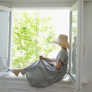 Gingham Linen Blend Long Dress With Sash