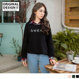 Mock Two Piece Plaid Panel Lettering Top