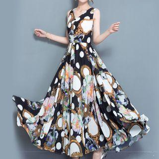 Printed V-neck A-line Maxi Dress