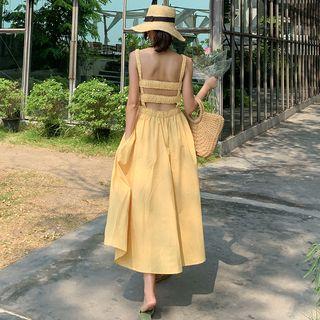 Sleeveless Frill Trim Open Back A-line Midi Dress