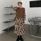 Long-sleeve Printed Midi Smock Dress / Sweater Vest