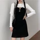 Spaghetti Strap Crescent Embroidered Mini A-line Dress / Long-sleeve Cropped T-shirt