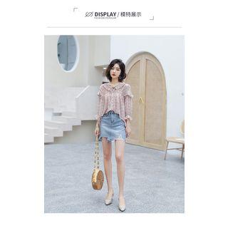 Floral Print Blouse / Ripped Denim Skirt / Set