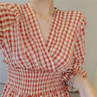 Long-sleeve Gingham A-line Midi Dress