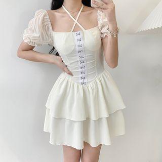 Puff-sleeve Cross Strap Mini Corset Dress