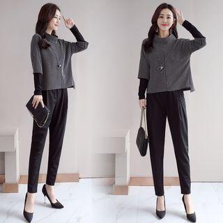 Set: Mock Two-piece Long-sleeve Striped T-shirt + Harem Pants