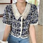 Short-sleeve Floral Embroidered Eyelet Lace Collar Top Navy Blue & White - One Size