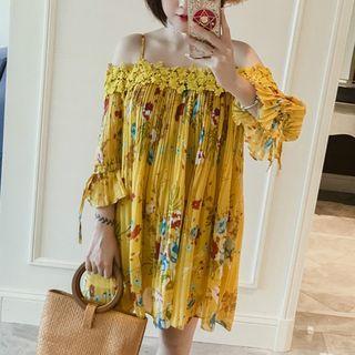 Flower Print Cold Shoulder Mini Chiffon Dress