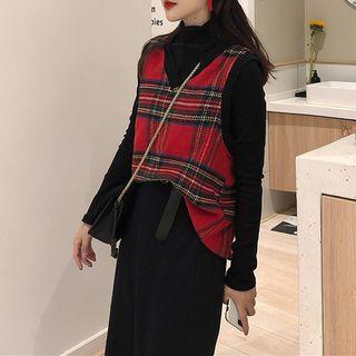 Mock Turtleneck Knit Top / Plaid Vest