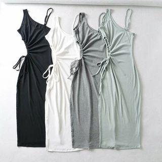 Asymmetrical Drawstring Cutout Midi Bodycon Tank Dress