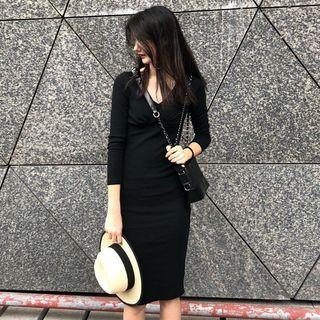 Plain Long-sleeve Sheath Dress Black - One Size
