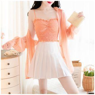 Set: Long-sleeve Sheer Shirt + Spaghetti Strap Top + A-line Mini Skirt
