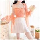 Set: Long-sleeve Sheer Shirt + Spaghetti Strap Top + A-line Mini Skirt