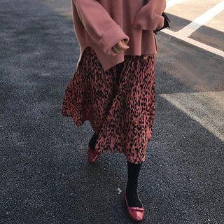 Leopard Print Midi A-line Pleated Skirt