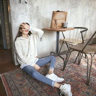 Layered Cutout-hem Knit Hoodie
