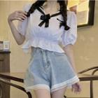 Puff-sleeve Bow Accent Blouse / Lace Trim Denim Shorts
