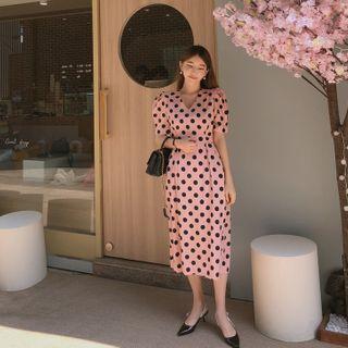V-neck Tie-waist Polka-dotted Dress