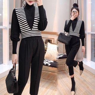 Set: Striped Vest + Lantern-sleeve Knit Top + Straight-leg Pants