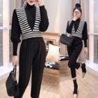 Set: Striped Vest + Lantern-sleeve Knit Top + Straight-leg Pants