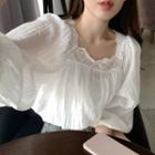 Long-sleeve Lace Trim Square-neck Blouse White - One Size