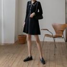 Collared Buttoned Knit A-line Dress Black - One Size