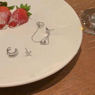 Set Of 3: Butterfly / Faux Pearl Earring / Cuff Earring Set Of 3 - Silver Needle - Silver - One Size