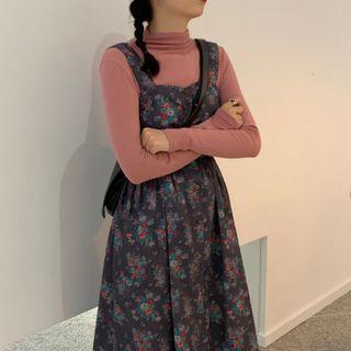 Long Sleeve Turtleneck Plain Top/ Sleeveless Square Neck Floral Overall Dress
