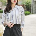 Mandarin-collar 3/4-sleeve Pattern Blouse
