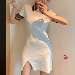 Striped Short-sleeve Collared Dress White - One Size