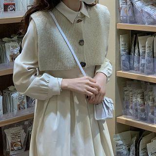Long-sleeve Midi A-line Shirt Dress / Button-up Knit Shawl / Set