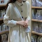 Long-sleeve Midi A-line Shirt Dress / Button-up Knit Shawl / Set