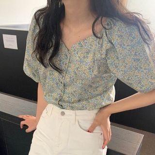 Puff Sleeve V-neck Floral Print Blouse As Shown In Figure - One Size