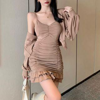 Spaghetti Strap Ruffle Hem Mini Sheath Dress / Cropped Jacket