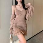 Spaghetti Strap Ruffle Hem Mini Sheath Dress / Cropped Jacket
