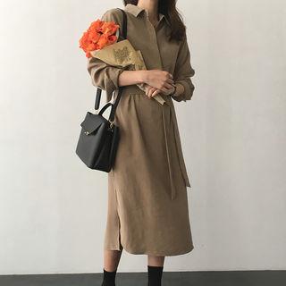 Hidden-button Smocked-waist Shirtdress With Sash