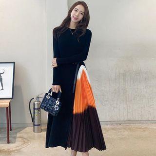 Long-sleeve Tie Dye Pleated A-line Dress