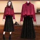 Turtleneck Lace-up Sweater / Fringed Midi A-line Skirt / Set