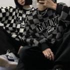 Lettering Checkered Faux Shearling Sweatshirt