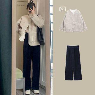 Set Of 2: Long-sleeve Jacket + Corduroy Wide-leg Pants
