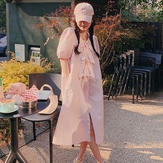 Short-sleeve Bow Detail Midi Shirt Dress